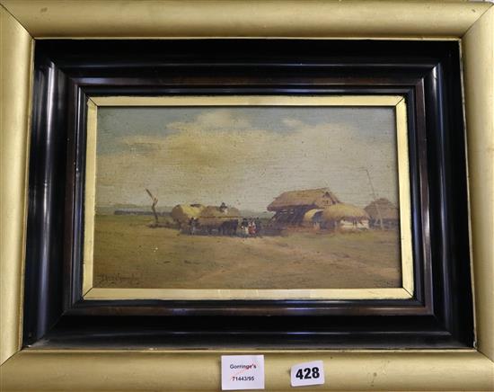 Porge Gergely (b.1858) oil, farmstead with hay stacks